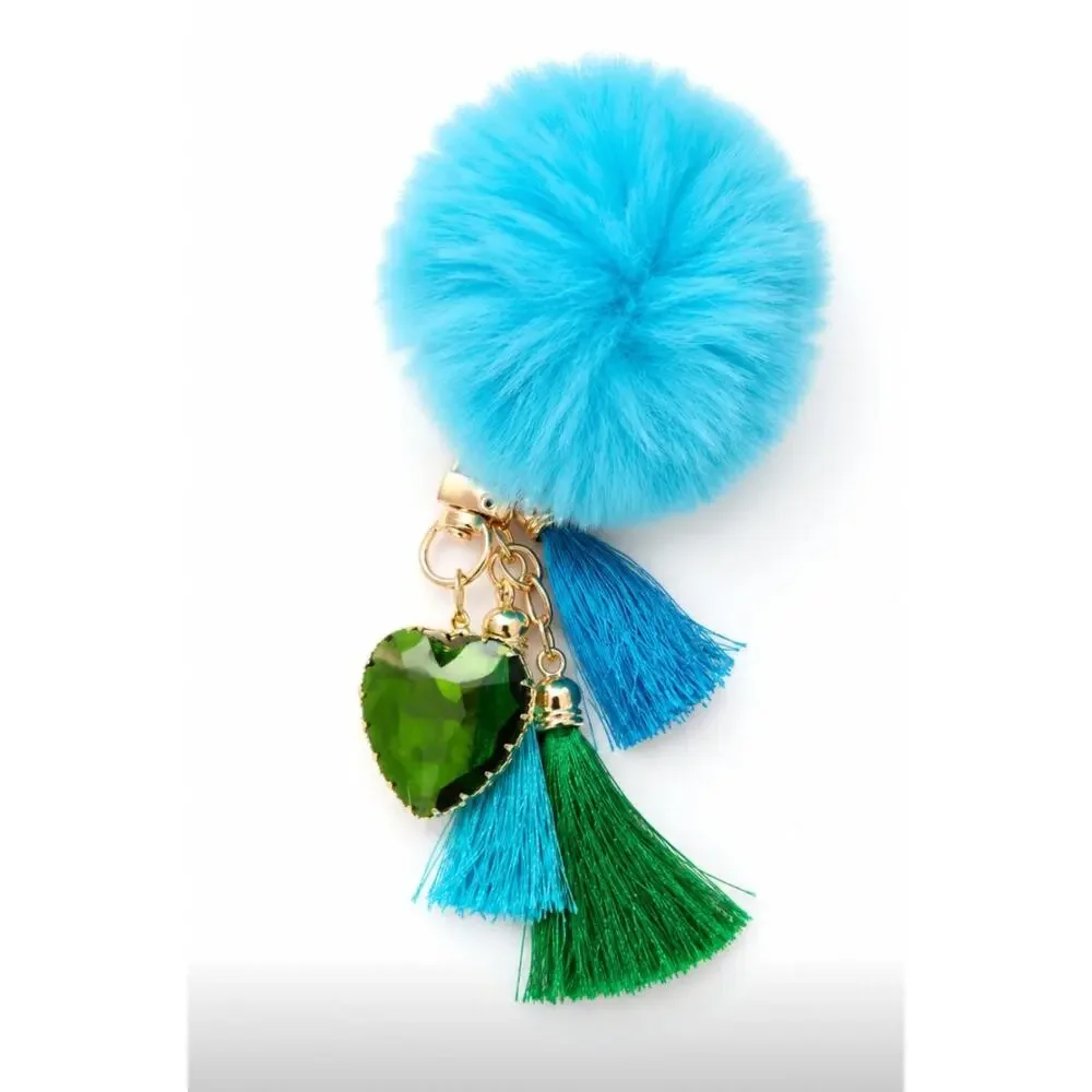 Blue Fuzzy Pom Pom Crystal Heart Bag Charm New